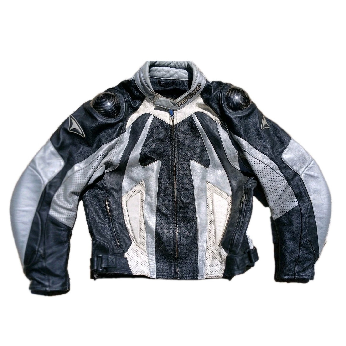 Teknic Violator Motorcycle Jacket Sz M / L Leather Silver Black White Sliders